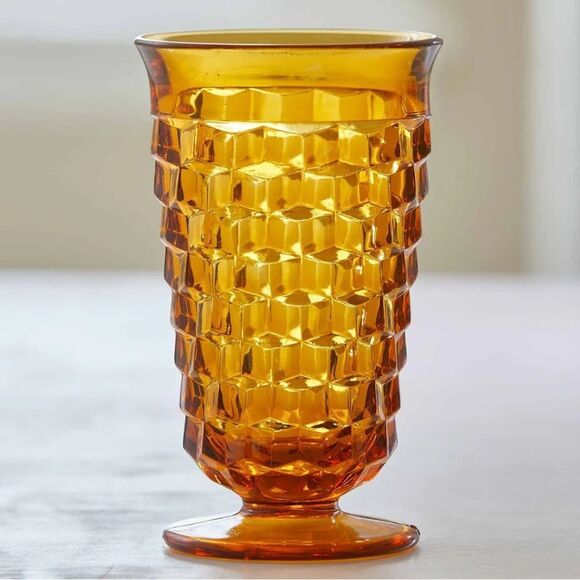 Vintage Fostoria 2 Piece 3-D cube pattern amber Gold iced tea glasses Goblet USA - Picture 2 of 5